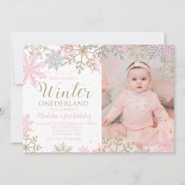 Winter ONEderland Snowflake Photo Invite (Front)
