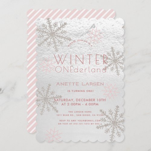 Winter Onederland Snowflake Pink 1st Birthday Invitation