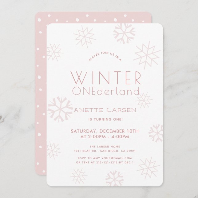Winter Onederland Snowflake Pink 1st Birthday Invitation (Front/Back)