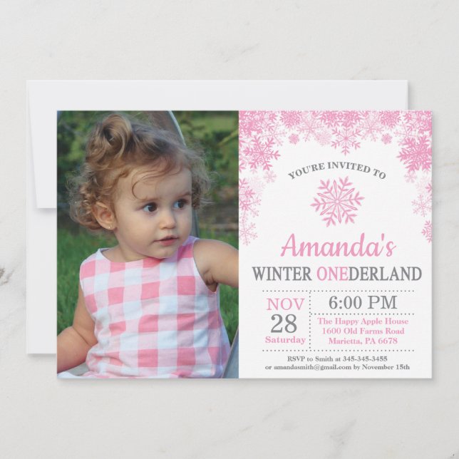Winter Onederland Snowflake Pink Girl 1st Birthday Invitation (Front)