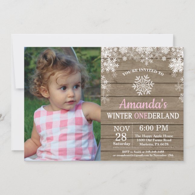 Winter Onederland Snowflake Pink Girl 1st Birthday Invitation (Front)