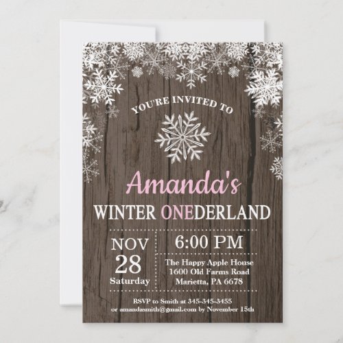 Winter Onederland Snowflake Pink Girl 1st Birthday Invitation