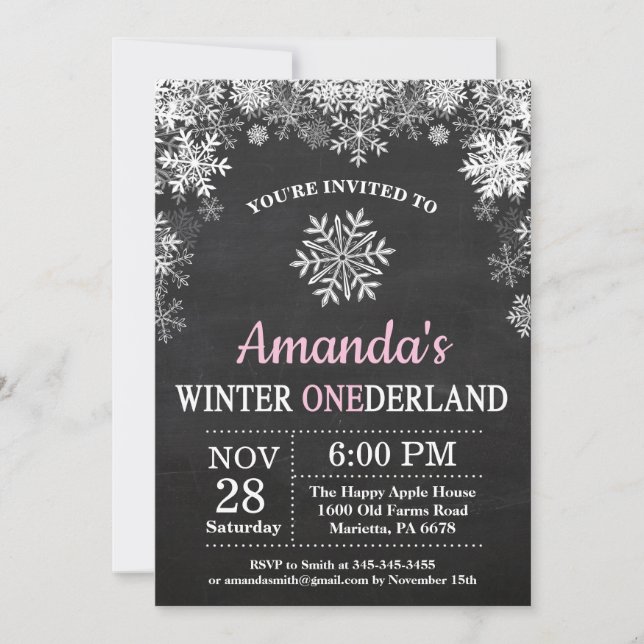 Winter Onederland Snowflake Pink Girl 1st Birthday Invitation (Front)