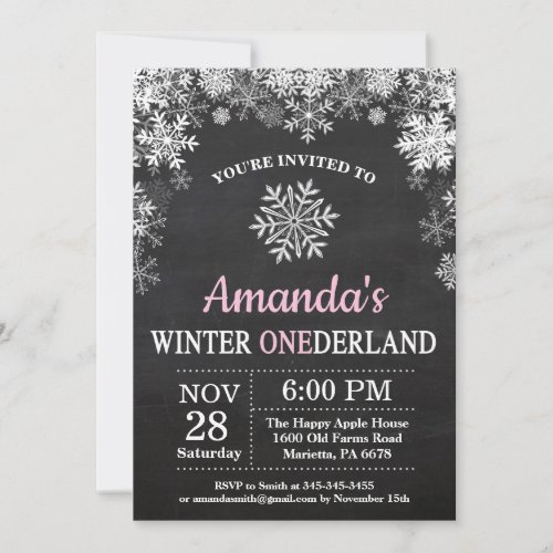 Winter Onederland Snowflake Pink Girl 1st Birthday Invitation