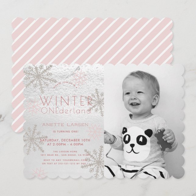 Winter Onederland Snowflake Pink Photo1st Birthday Invitation (Front/Back)