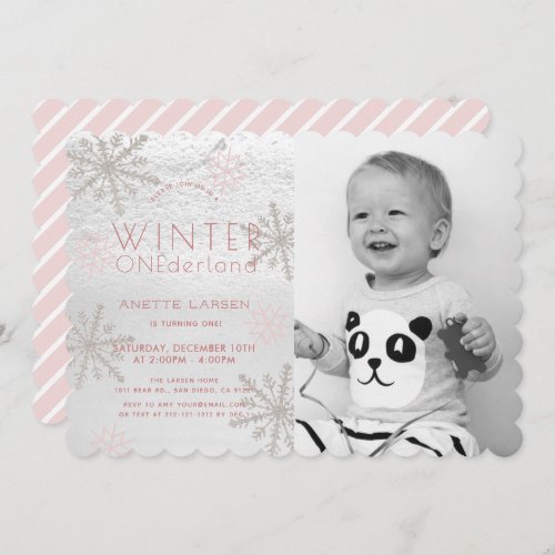 Winter Onederland Snowflake Pink Photo1st Birthday Invitation