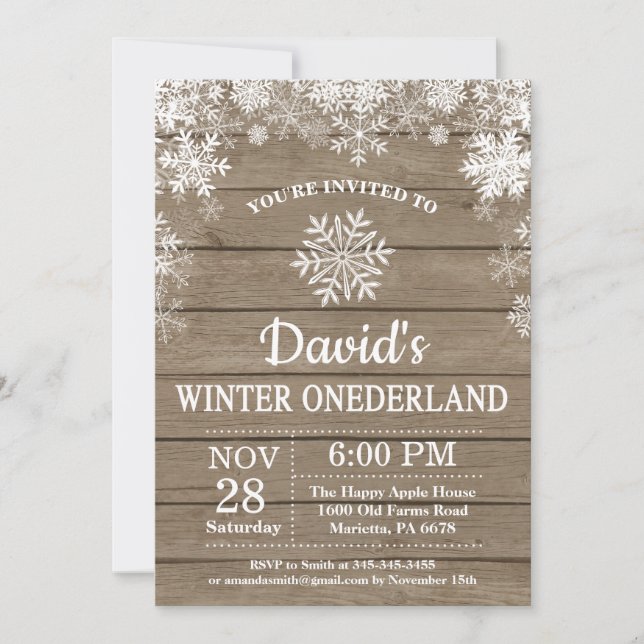Winter Onederland Snowflake Rustic 1st Birthday Invitation (Front)
