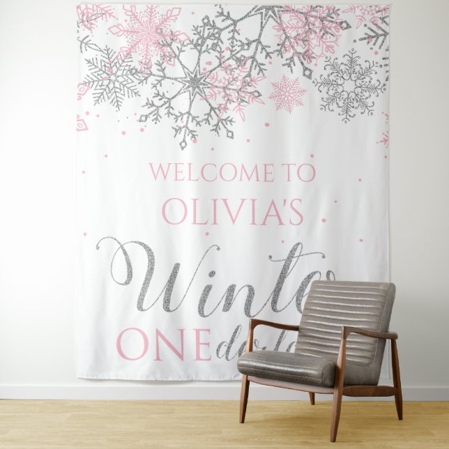 Winter ONEderland snowflake Welcome Sign Tapestry (In Situ)