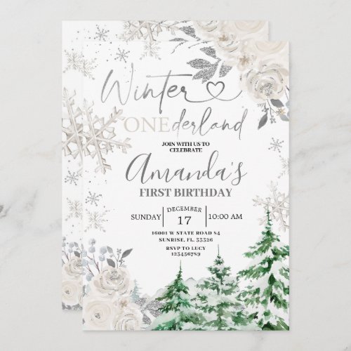 Winter Onederland Snowflake White Floral Birthday  Invitation