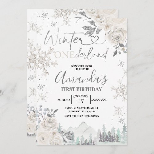 Winter Onederland Snowflake White Floral Birthday Invitation