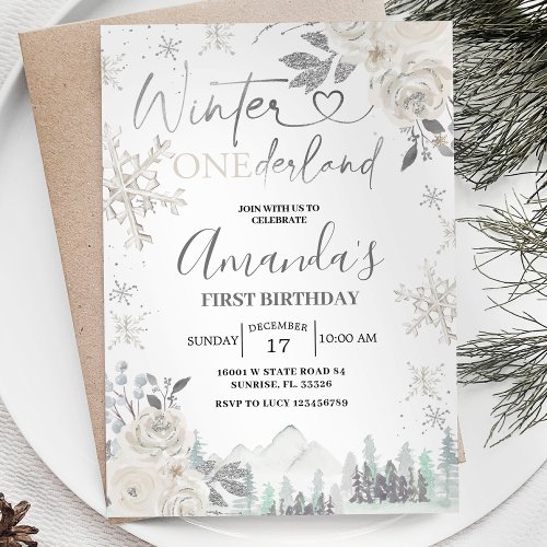 Winter Onederland Snowflake White Floral Birthday Invitation