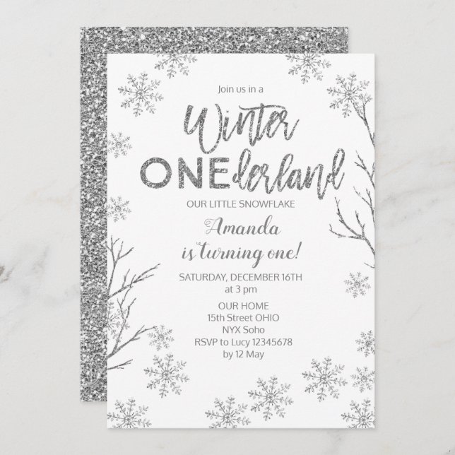 Winter ONEderland Snowflakes Birthday Invite (Front/Back)