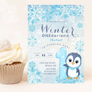 Winter Onederland Snowflakes Blue Boy 1st Birthday Invitation