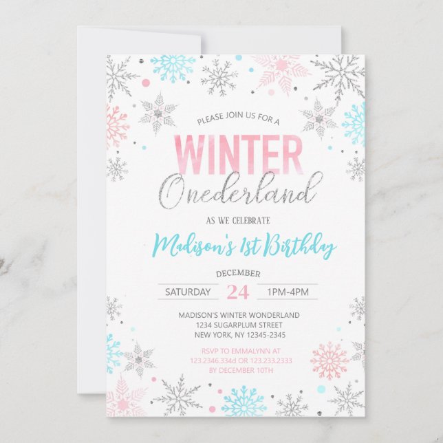 Winter Onederland Snowflakes First 1st Birthday Invitation (Front)