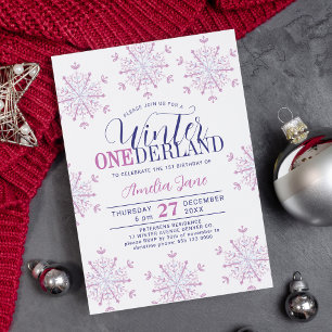 Winter Onederland snowflakes girl 1st birthday Invitation