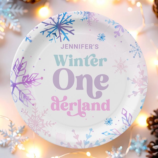 Winter Onederland Snowflakes Girl Snow Birthday Paper Plates (Creator Uploaded)