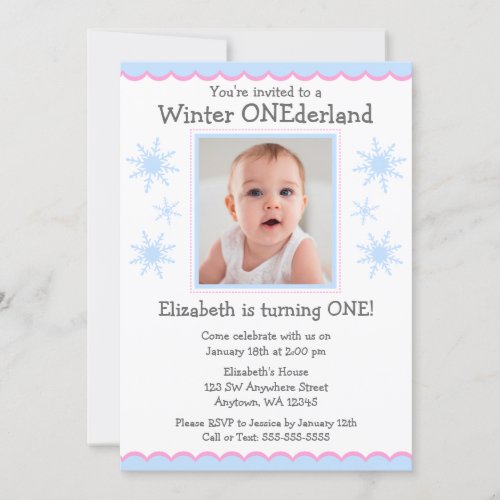 Winter Onederland Snowflakes Photo Birthday Party Announcements