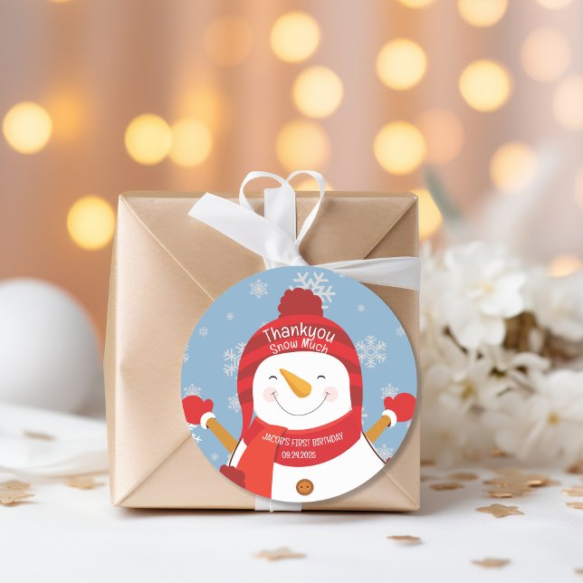 Winter Onederland snowman boy 1st birthday Favors Classic Round Sticker (Creator Uploaded)