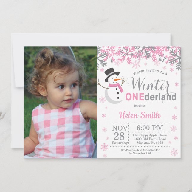Winter Onederland Snowman Girl 1st Birthday Photo Invitation (Front)