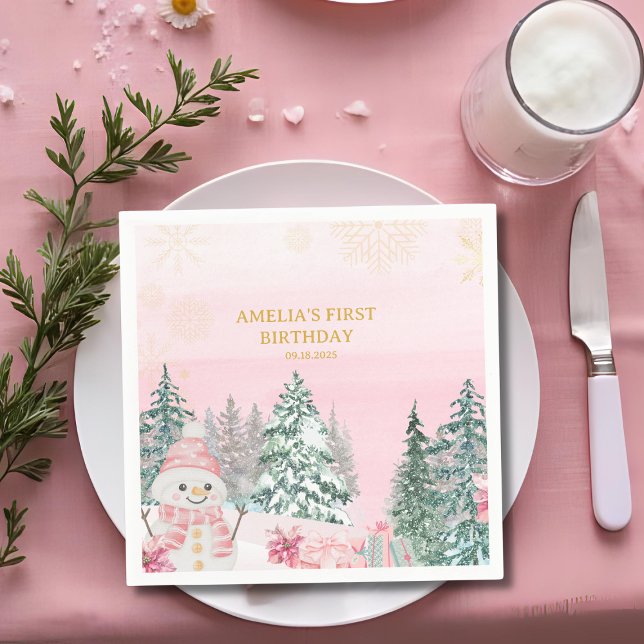 Winter ONEderland Snowman Girl 1st Birthday Pink Napkins (Creator Uploaded)
