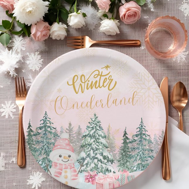 Winter ONEderland Snowman Girl 1st Birthday Pink Paper Plates (Creator Uploaded)