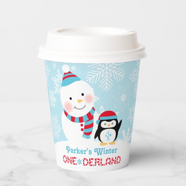 Winter ONEderland Snowman Penguin Birthday Paper Cups (Front)