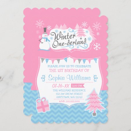 Winter Onederland Snowman Pink Blue 1st Birthday Invitation