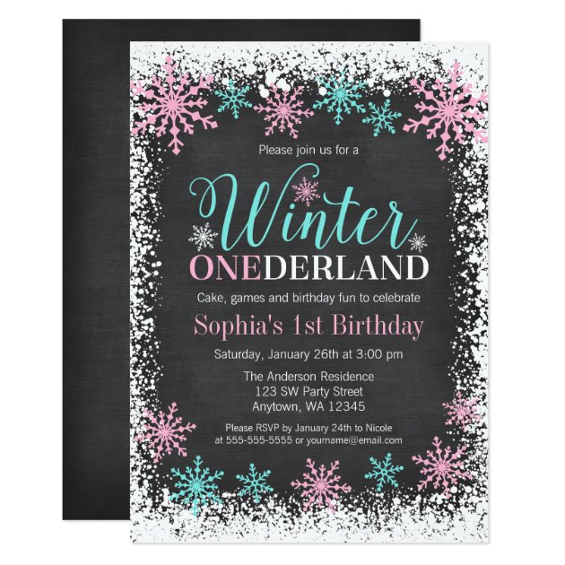 Winter ONEderland Teal Chalkboard 1st Birthday Invitation