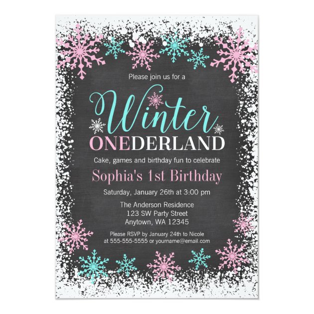 Winter ONEderland Teal Chalkboard 1st Birthday Invitation