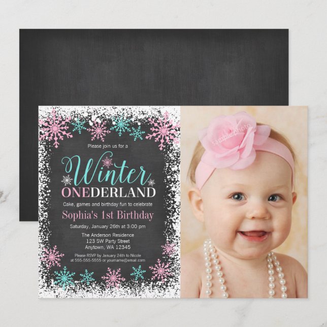 Winter ONEderland Teal Chalkboard 1st Birthday Invitation (Front/Back)