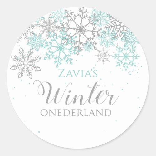 Winter Onederland Teal Silver First Birthday Classic Round Sticker