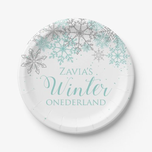 Winter Onederland Teal Silver First Birthday Plate