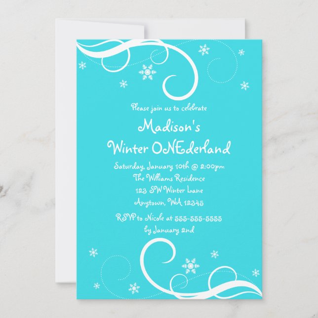 Winter ONEderland Teal Swirl Snowflakes Invitation (Front)