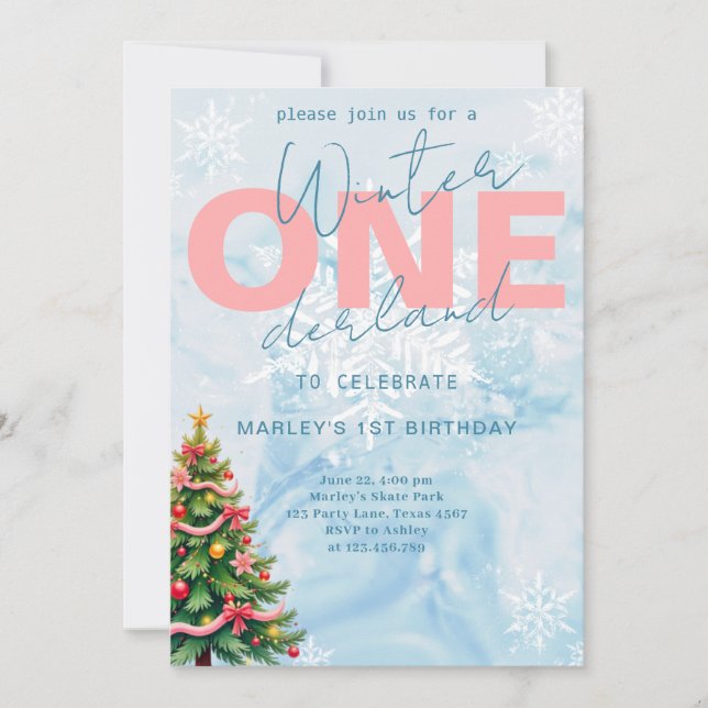 Winter ONEderland Tree snow blue 1st birthday Invitation (Front)