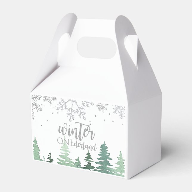 Winter Onederland Trees Silver snowflakes Favor Boxes (Front Side)