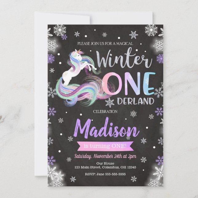 Winter ONEderland Unicorn 1st Birthday Invitation (Front)