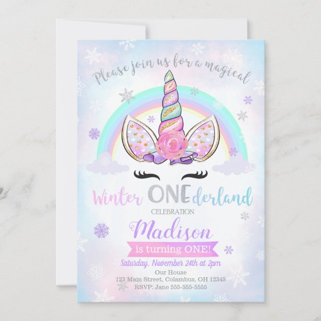 Winter ONEderland Unicorn Birthday Invitation (Front)