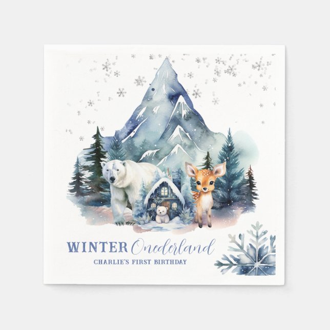 Winter Onederland Whimsical Woodland 1st Birthday Napkins (Front)