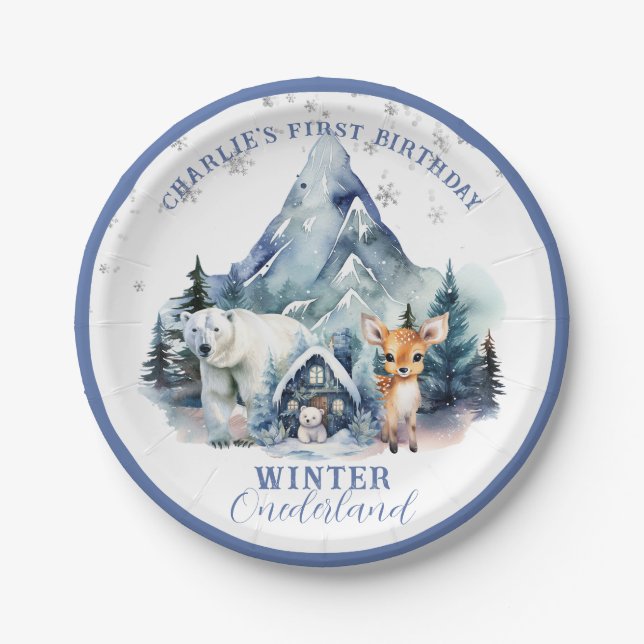 Winter Onederland Whimsical Woodland 1st Birthday Paper Plates (Front)