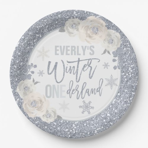 Winter ONEderland White And Silver Floral Decor  Paper Plates