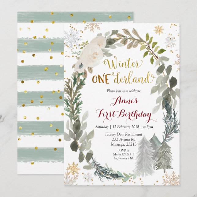 Winter Onederland White Floral Birthday Invitation (Front/Back)