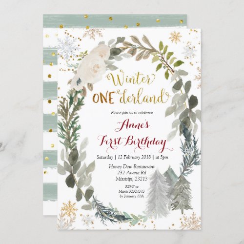 Winter Onederland White Floral Birthday Invitation