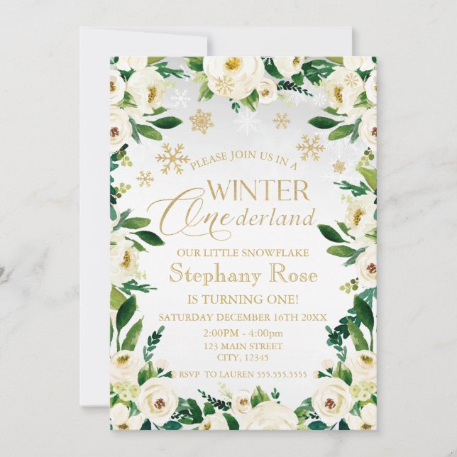 Winter Onederland White Flowers snowflakes Invitation (Front)