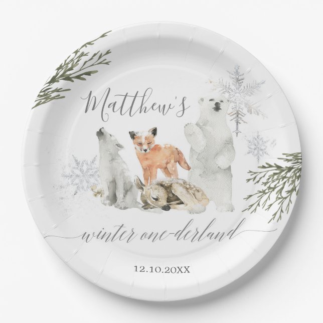 Winter Onederland Woodland Animal Birthday Paper Plates (Front)