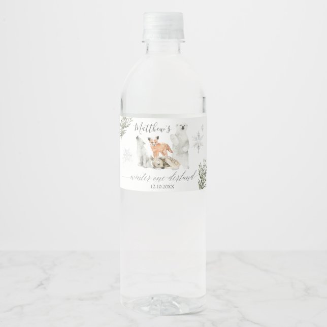 Winter Onederland Woodland Animal Birthday Water Bottle Label (Front)