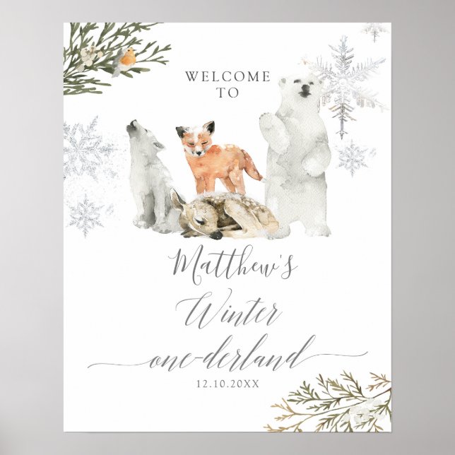 Winter Onederland Woodland Animal Birthday Welcome Poster (Front)