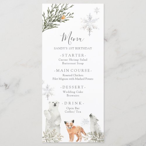 Winter Onederland Woodland Animal First Birthday Menu