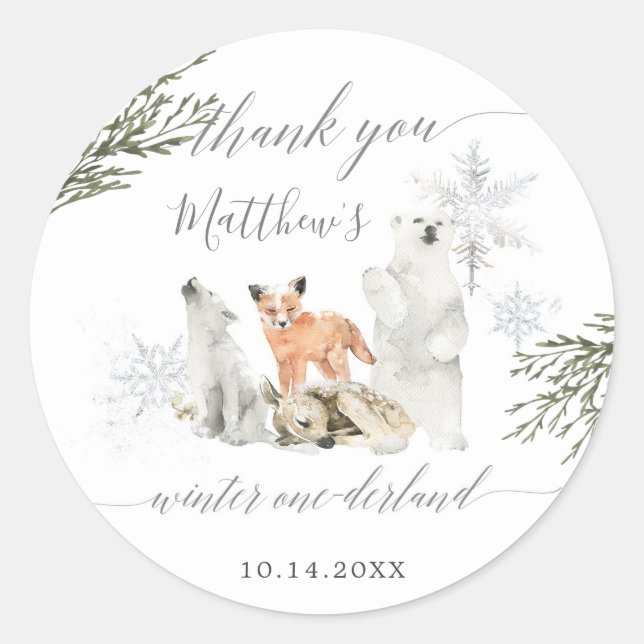 Winter Onederland Woodland Animal Thank You Classic Round Sticker (Front)