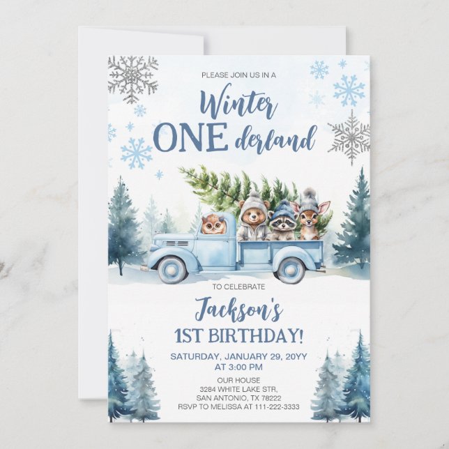 Winter Onederland Woodland Animals 1st Birthday Invitation (Front)