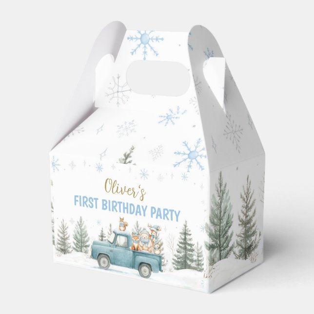 Winter Onederland Woodland Animals Birthday Favor Boxes (Front Side)